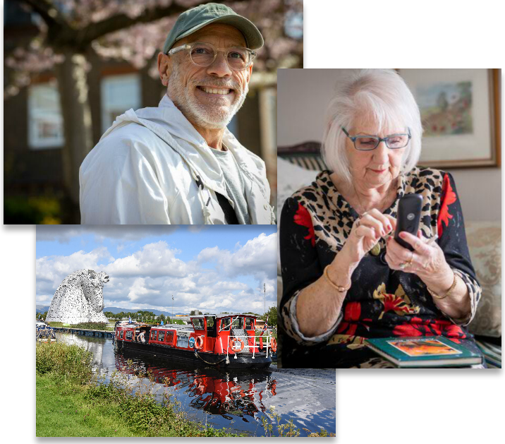 A stack of three pictures - a man smiling at the camera, a woman using her phone, and a barge passing the Helix Park Kelpies